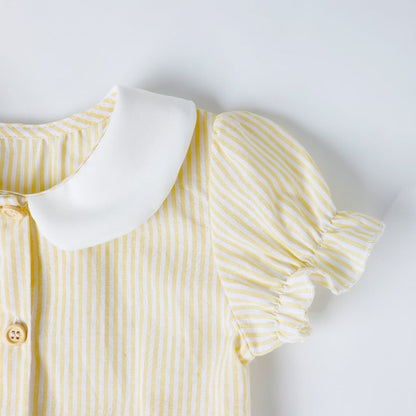 HILEELANG 2-7T Toddler/Little Girls Light Yellow White Stripe 100% Cotton Dress