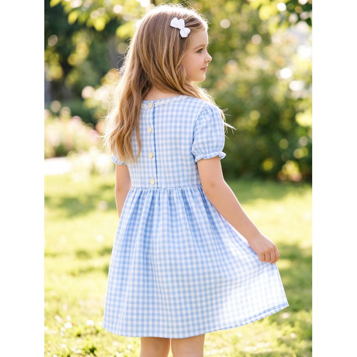 HILEELANG 3-13T Little/Big Girls Blue Gingham Square Neck 100% Cotton Dress