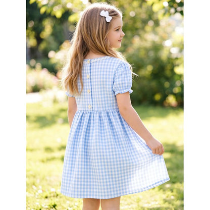 HILEELANG 3-13T Little/Big Girls Blue Gingham Square Neck 100% Cotton Dress