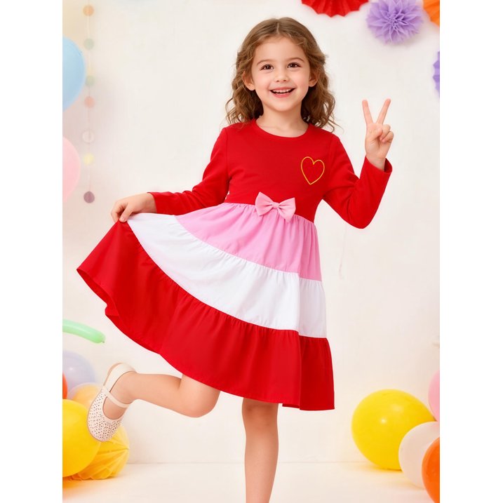HILEELANG Girls Christmas Dress Long Sleeve Red Pink Tiered Party Outfit with Heart Bow Cotton Holiday Valentine’s Day Dress for Toddler Kids