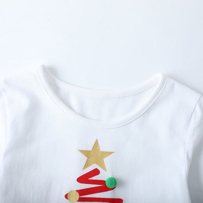 HILEELANG Girls Christmas Dress White Long Sleeve, Toddler and Little Kids Holiday Outfit with and Christmas Tree Print, Festive Cotton Dress