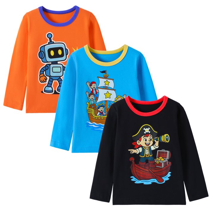 HILEELANG Baby Boys Shirt 3-Pack Robot And BoatGraphic Long-Sleeve Tees Winter Cotton Casual Crewneck T-Shirts