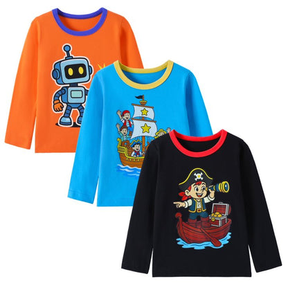 HILEELANG Baby Boys Shirt 3-Pack Robot And BoatGraphic Long-Sleeve Tees Winter Cotton Casual Crewneck T-Shirts