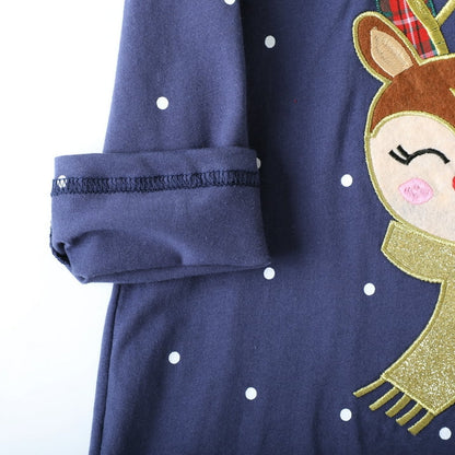 HILEELANG Toddler Girls Christmas Long Sleeve Dress Cotton Casual Navy Elk Embroidery Jersey Shirt Fall Winter Holiday Playwear Dresses 2