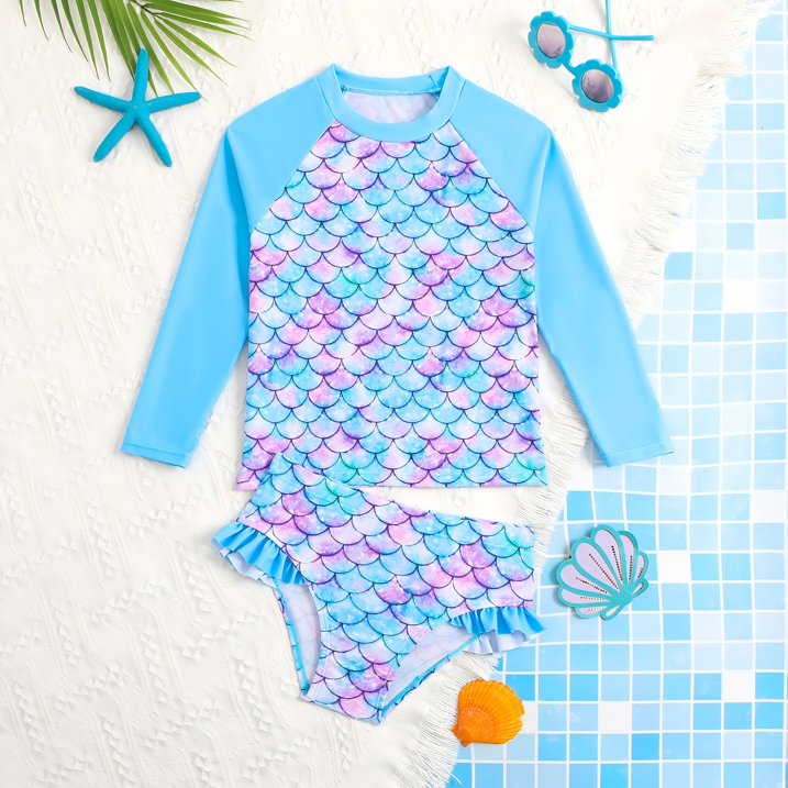 HILEELANG 3-8T Toddler/Little Girls Light Blue Ocean Mermaid Scales Rashguard Swimsuit