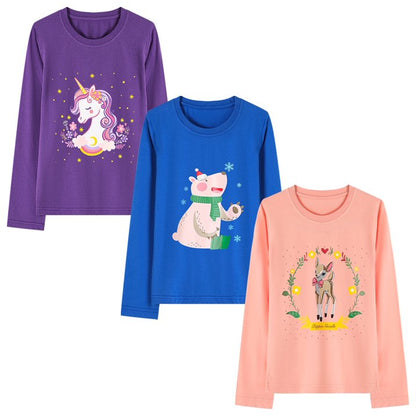 HILEELANG Toddler Girls' Long Sleeve Tee Shirt Cotton Crewneck Unicorn Graphic Tops T-Shirts Blue Pink 3 Packs