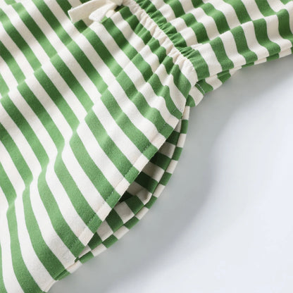 HILEELANG 4–13 Little/Big Girls Green White Stripe V-Neck Short Sleeve Dress with Waist Tie