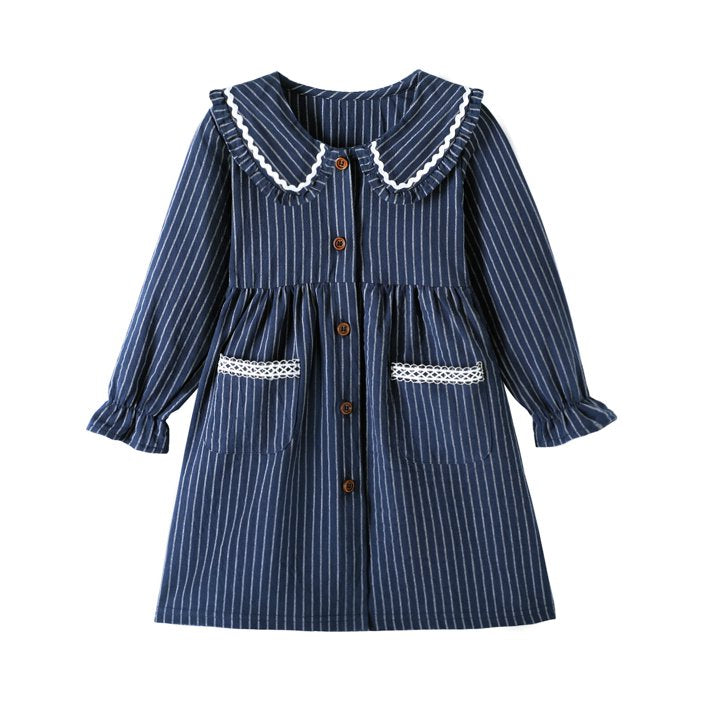 HILEELANG Baby Girls Peter Pan Collar Dress Long Sleeve Cotton Casual Navy Vertical Stripes School Playwear