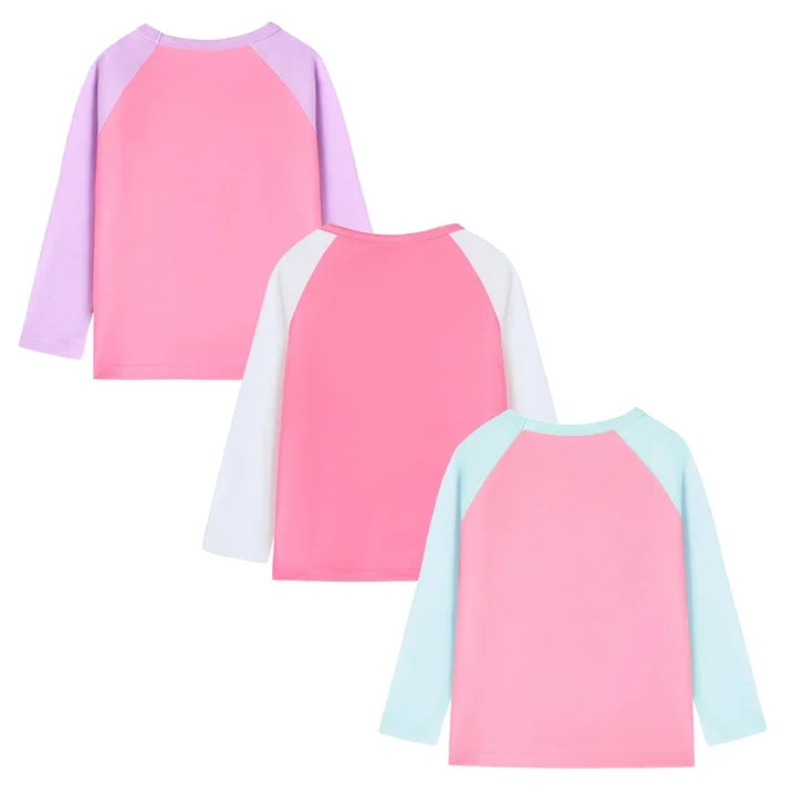 HILEELANG Toddler Girls Long Sleeve Raglan T Shirts 3 Pack – Pink Purple Butterfly, Pink White Ladybug, Pink Mint Bee – 100% Cotton Graphic Tops for Kids