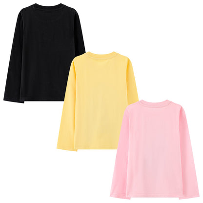 HILEELANG Toddler Girls' Long Sleeve Tee Shirt Cotton Crewneck Friends Graphic Tops T-Shirts Black Yellow Pink 3 Packs