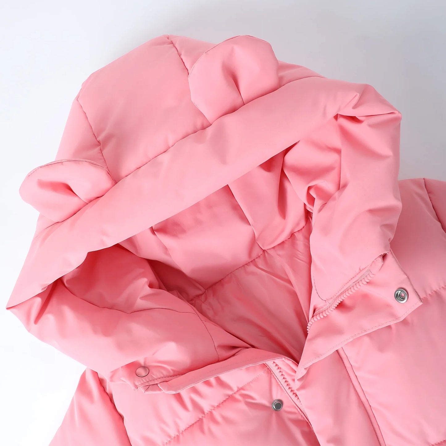 HILEELANG Girls Light Pink Mid-Length Puffer Coat – Warm Quilted Winter Jacket with Cute Bear Ear Hood, Lightweight Padded Outerwear for Kids