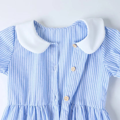 HILEELANG 2-7T Toddler/Little Girls Light Blue White Stripe 100% Cotton Dress