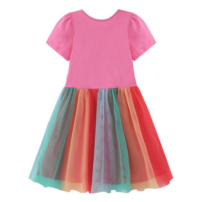 HILEELANG Baby Girl Dresses Short Ruffle Sleeve Cotton Tulle Tutu Rose Unicon Birthday Party Dresses