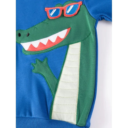 HILEELANG Toddler Boys（2-7Y) Blue Glass Dino Sweatshirt and Pants Set, 2 Piece Long Sleeve Outfit for Kids, Cotton Fall Winter Clothes