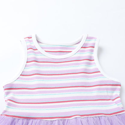 HILEELANG 2-7T Toddler Little Girls Pastel Striped Ribbed Tulle Dress, Lavender Purple Sleeveless Sundress