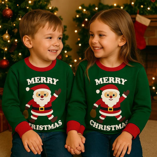 HILEELANG Kids Christmas Sweatshirt, Cotton Pullover Top with Santa Claus Print, Unisex Holiday Long Sleeve Shirt for Toddler Boys Girls