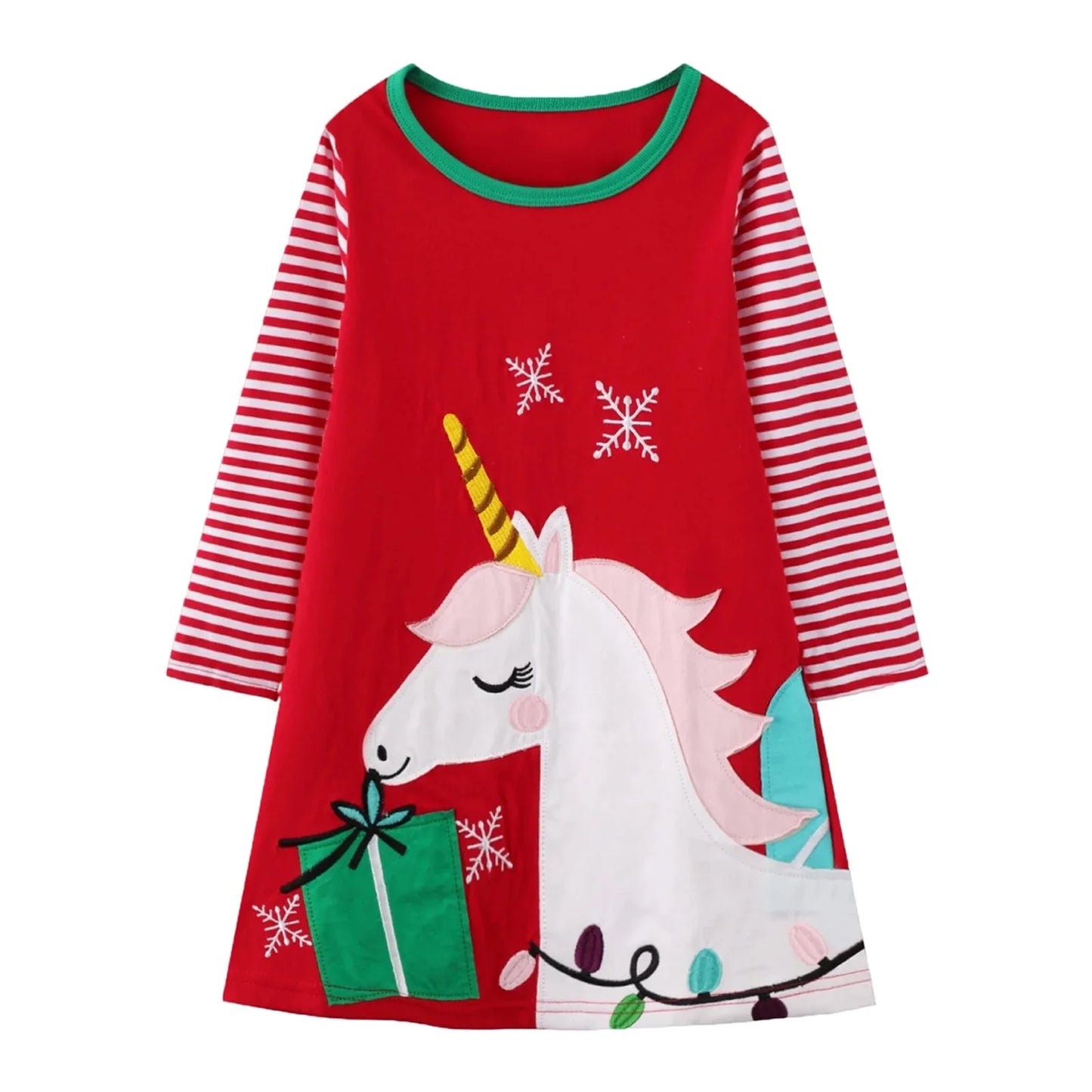 HILEELANG Toddler Girl Christmas Dress Red Unicorn Applique Cotton Casual Long Sleeve Tunic Playwear Dresses