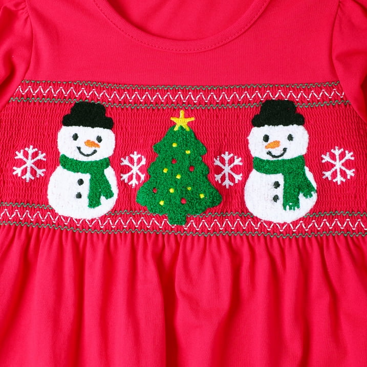 HILEELANG Toddler Girls Christmas Long Sleeve Dress Cotton Casual Red Snowman and Christmas Tree Jersey Shirt Fall Winter Holiday Playwear Dresses