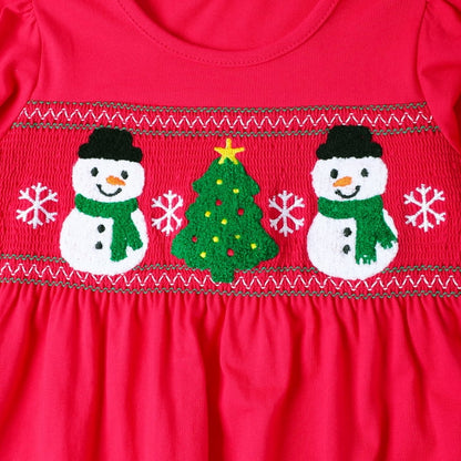 HILEELANG Toddler Girls Christmas Long Sleeve Dress Cotton Casual Red Snowman and Christmas Tree Jersey Shirt Fall Winter Holiday Playwear Dresses