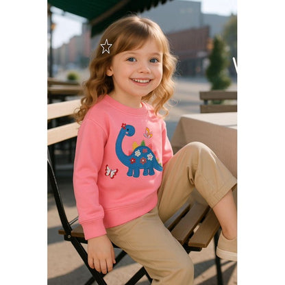 HILEELANG Toddler Girls(2-7Y) Long Sleeve Pink Sweatshirt with Dinor Embroidery – Cute Construction Pullover Top for Fall
