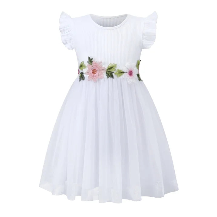HILEELANG Toddler Little Girls White Tulle Dress, Floral Embroidered Flutter Sleeve Flower Girl Dress for Wedding Birthday Picture Day
