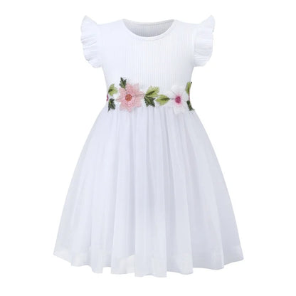 HILEELANG Toddler Little Girls White Tulle Dress, Floral Embroidered Flutter Sleeve Flower Girl Dress for Wedding Birthday Picture Day