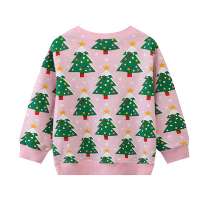 HILEELANG Toddler Girl Sweatshirts Pink Christmas trees Printed Cotton Casual Crew Neck Long Sleeve Tops Shirt