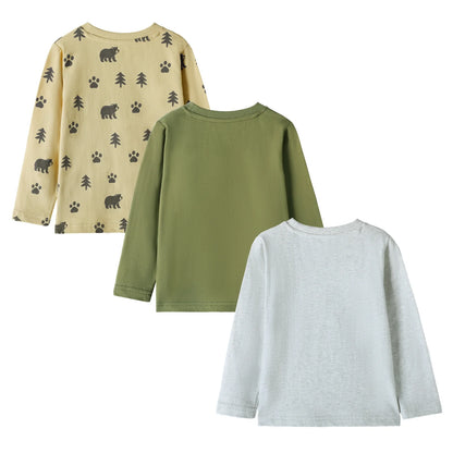 HILEELANG Baby Boys Shirt 3-Pack Bear Graphic Long-Sleeve Tees Winter Cotton Casual Crewneck T-Shirts
