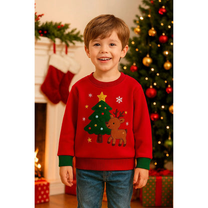 HILEELANG Kids Christmas Sweatshirt, Cotton Pullover Holiday Top with Reindeer and Tree Appliqué, Unisex Toddler Boys Girls Xmas Shirt