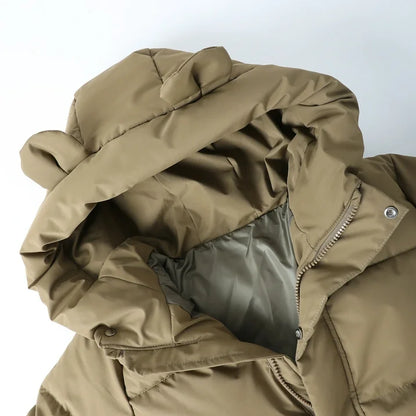 HILEELANG Kids Olive Khaki Green Mid-Length Puffer Coat – Warm Quilted Winter Jacket with Bear Ear Hood for Boys & Girls