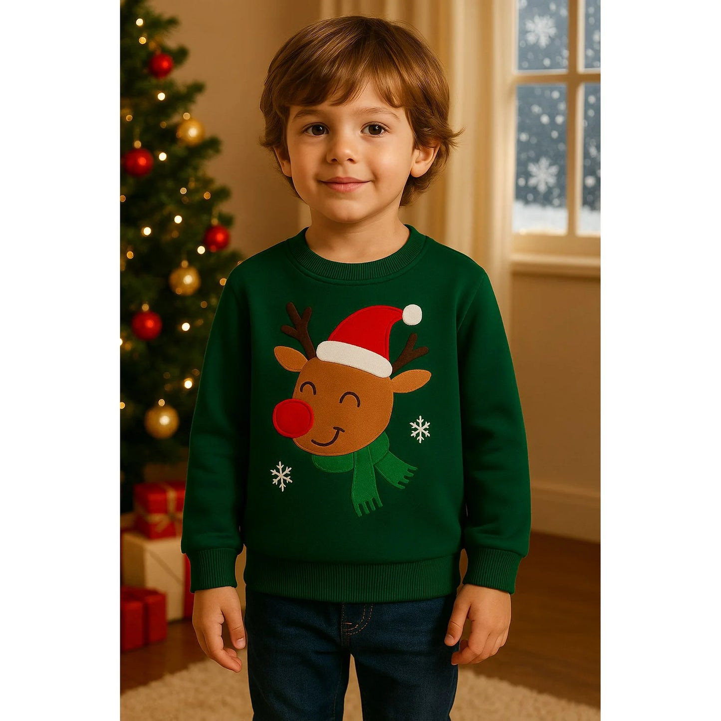 HILEELANG Kids Christmas Sweatshirt, Cotton Pullover Top with Reindeer Appliqué, Unisex Holiday Long Sleeve Shirt for Toddler Boys Girls