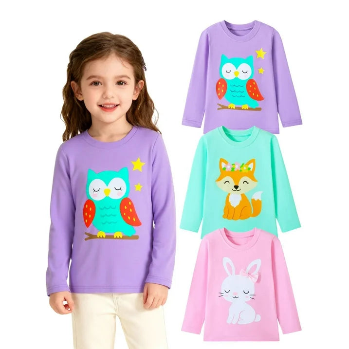 HILEELANG Toddler Girls Long Sleeve T Shirts 3 Pack – 100% Cotton Casaul Pink Blue Purple Bunny Fox Owl Cute Graphic Tees for Fall Winter Everyday Layering & Play