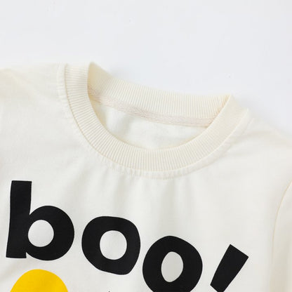 HILEELANG Toddler(18M-7T) Halloween Sweatshirt – 100% Cotton Pullover with Boo Ghost Print, White Crewneck for Boys Girls