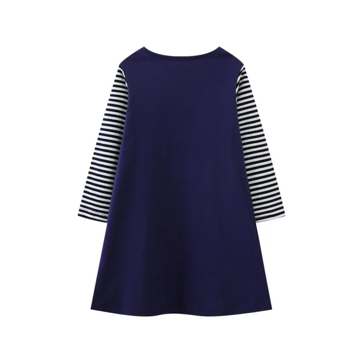 HILEELANG Toddler Girl Christmas Dress Navy Blue Deer Elk Santa Applique Long Sleeve Cotton Casual Dresses