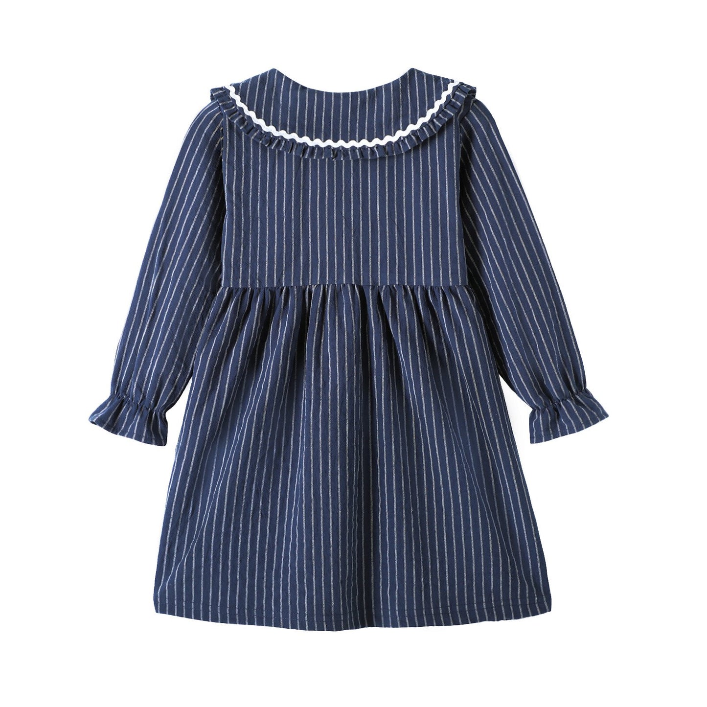 HILEELANG Baby Girls Peter Pan Collar Dress Long Sleeve Cotton Casual Navy Vertical Stripes School Playwear