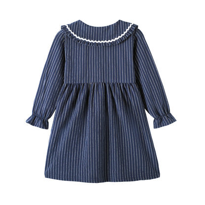 HILEELANG Baby Girls Peter Pan Collar Dress Long Sleeve Cotton Casual Navy Vertical Stripes School Playwear