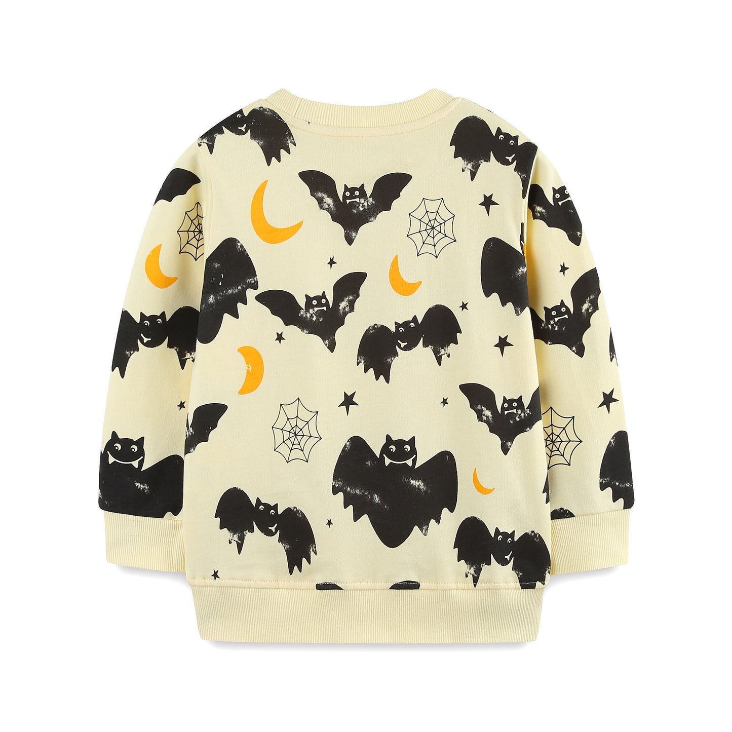 HILEELANG Toddler(18M-7T) Halloween Sweatshirt – 100% Cotton Pullover with Black bat and moon pattern, White and yellow Fall Crewneck for Boys Girls