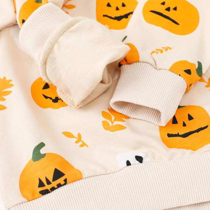 HILEELANG Toddler(18M-7T) Halloween Sweatshirt – 100% Cotton Pullover with Pumpkin Ghost and Leaf Print, Beige Fall Crewneck for Boys Girls