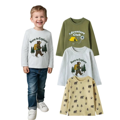 HILEELANG Baby Boys Shirt 3-Pack Bear Graphic Long-Sleeve Tees Winter Cotton Casual Crewneck T-Shirts