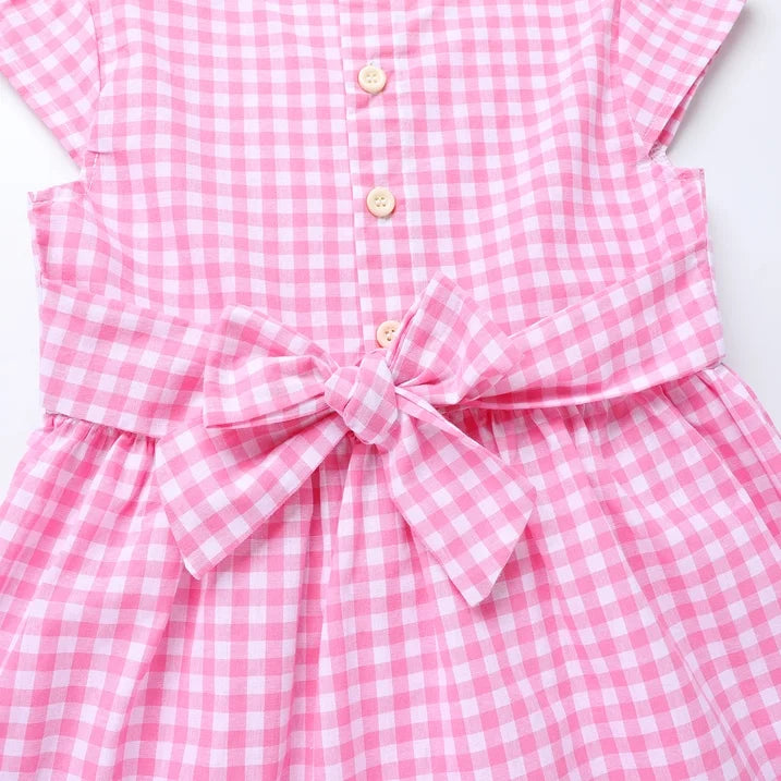 HILEELANG 3-13T Little/Big Girls Pink Gingham 100% Cotton Dress