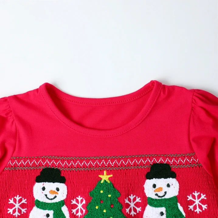 HILEELANG Toddler Girls Christmas Long Sleeve Dress Cotton Casual Red Snowman and Christmas Tree Jersey Shirt Fall Winter Holiday Playwear Dresses