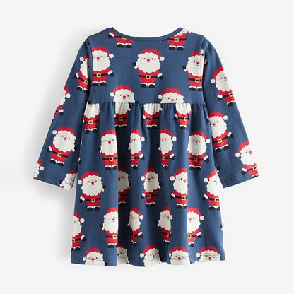 HILEELANG Toddler Girl Christmas Dress Navy Blue Santa Claus Cotton Casual Long Sleeve Tunic Playwear Holiday Dresses