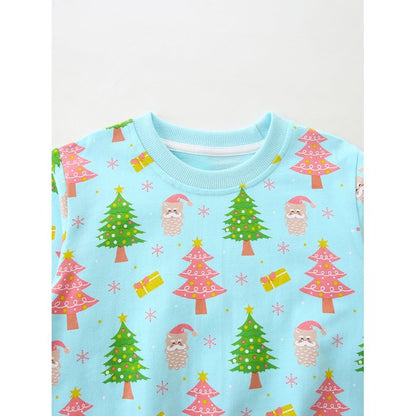 HILEELANG Toddler Girls(2-7Y) Christmas Blue Sweatshirt - Kids Cute XmasTree Pullover Holiday Long Sleeve Tops