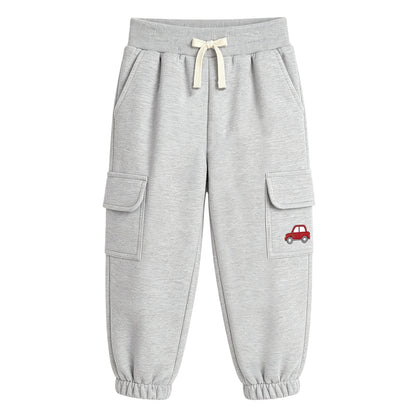 HILEELANG Toddler Boys 2 Pack Cargo Jogger Pants Car Embroidery Drawstring Sweatpants Heather Grey Navy