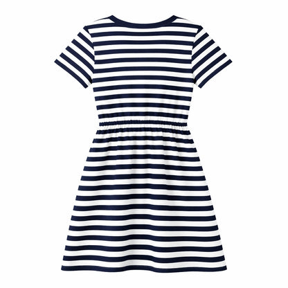 HILEELANG 4–13 Little/Big Girls Navy White Stripe Casual Short Sleeve Dress with Waist Tie