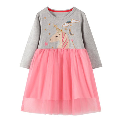 HILEELANG toddle Girls Long sleeved Dresses Christmas Casual Winter Cotton Casual Cute Party Cartoon Animal Unicorn Pattern Dress