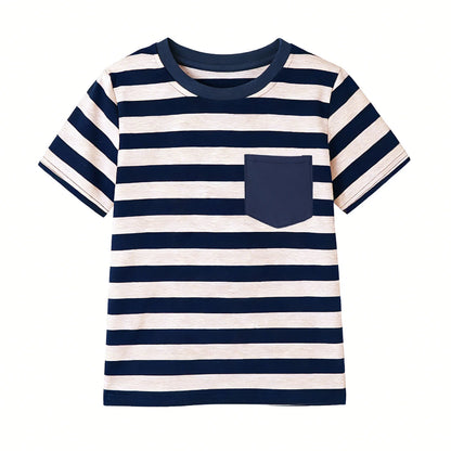 HILEELANG 4-13 Little/Big Boys Navy/Gray/Stripe Classic Stripe Pocket 100% Cotton 3-Pack Short Sleeve T-Shirt