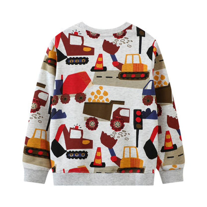 HILEELANG Toddler Boy Long Sleeve Sweatshirts Grey Vehicles Printed Crewneck Pullover Cotton Top Sweater Shirts
