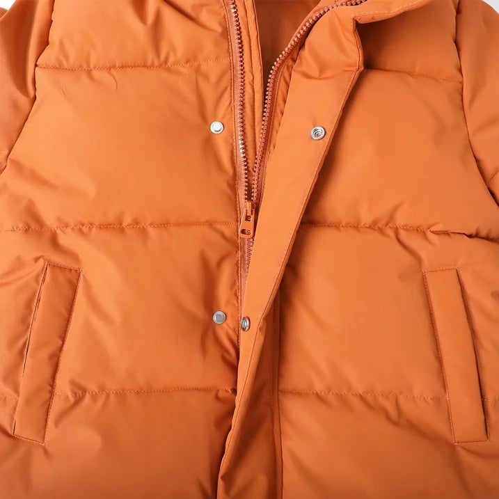HILEELANG Toddler Kids Caramel Brown Mid-Length Puffer Coat – Warm Quilted Winter Jacket with Bear Ear Hood for Boys & Girls