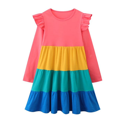 HILEELANG Toddler Girl Long Sleeve Dress Ruffle Solid Color Cotton Casual Tiered Pleated Twirly Dress